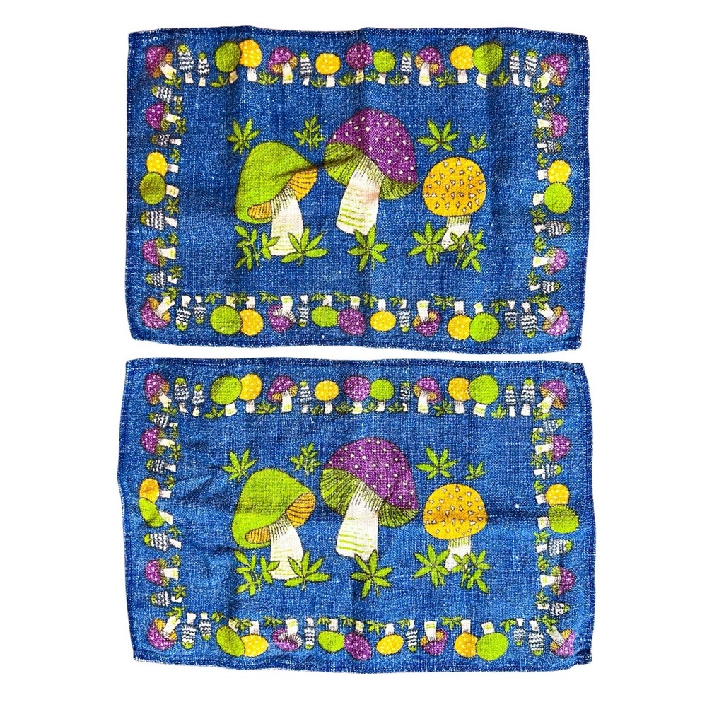 Vintage Blue Psychedelic Mushroom Place Mats Set of 2 Cloth Retro 1970s Rare